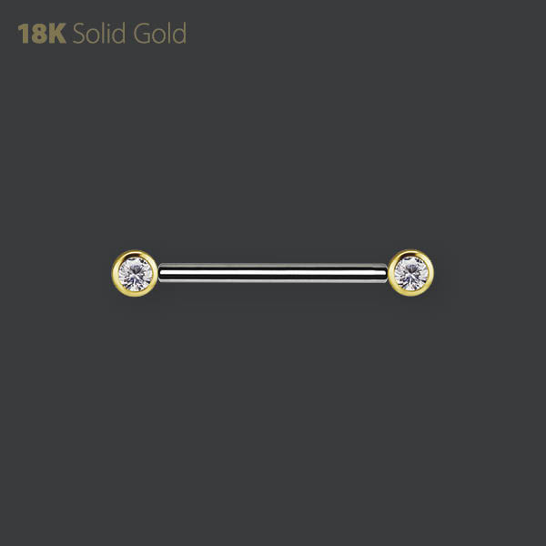 18K GOLD AND TITANIUM THREADLESS NIPPLE BARBEL SET WITH PREMIUM ZIRCONIA