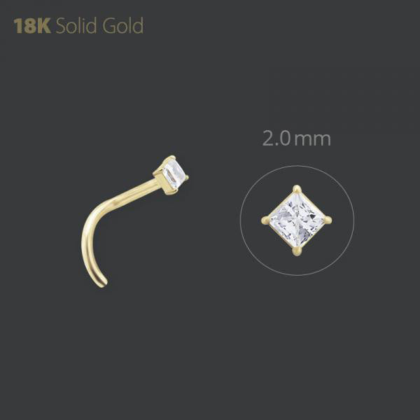 18K GOLD NOSE STUD SET W. PRINCESS CUT PREMIUM ZIRCONIA