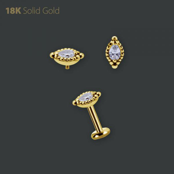 18K GOLD INTERNAL MICRO ATTACHMENT SET W. PEAR SHAPE PREMIUM ZIRCONIA