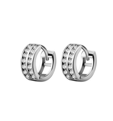 SS316L STEEL HOOPS DOUBLE ROW CHANNEL SET CUBIC ZIRCONIA (PAIR)