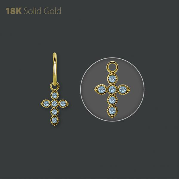18K GOLD CROSS CHARM SET WITH GENUINE BLUE TOPAZ