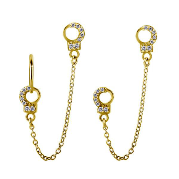 24K GOLD PVD SS316L DOUBLE CLICKER HANDCUFFS CHARMS W.SLAVE CHAIN WET W.ZIRCONIA