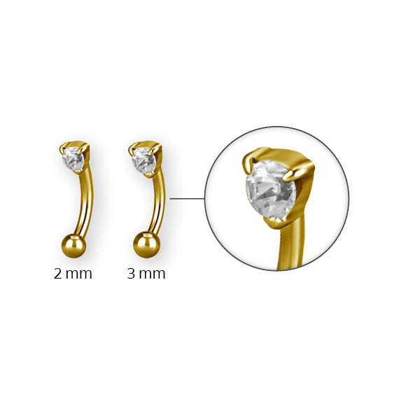 24K GOLD PVD SS316L EYEBROW BANANA W. ROUND CUBIC ZIRCONIA (PRONG SET)