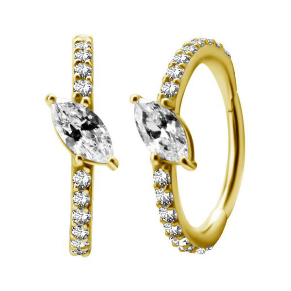 24K GOLD PVD SS316L HINGED CONCH RING SET W. MARQUISE CUBIC ZIRCONIA