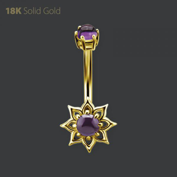 18K GOLD INTERNAL BELLY BANANA SET W. GENUINE DARK AMETHYST