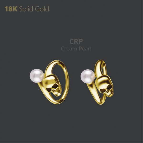 18K GOLD HINGED SEGMENT SKULL CLICKER W. FRESH WATER PEARL