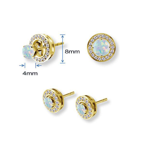 24K GOLD PVD SS316L 4MM LAB CREATED OPAL EARSTUDS W. DETACHABLE PAVE SET HALO EAR JACKET