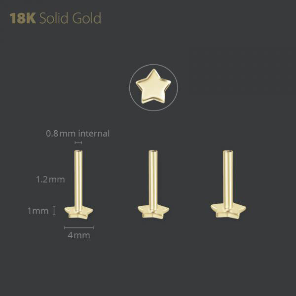 18K GOLD INTERNAL STAR LABRET PIN (INT. 0.8MM)