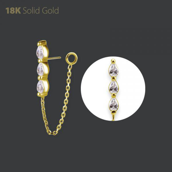 18K GOLD THREADLESS ATTACHMENT W. CHAIN SET W. PEAR SHAPE PREMIUM ZIRCONIA