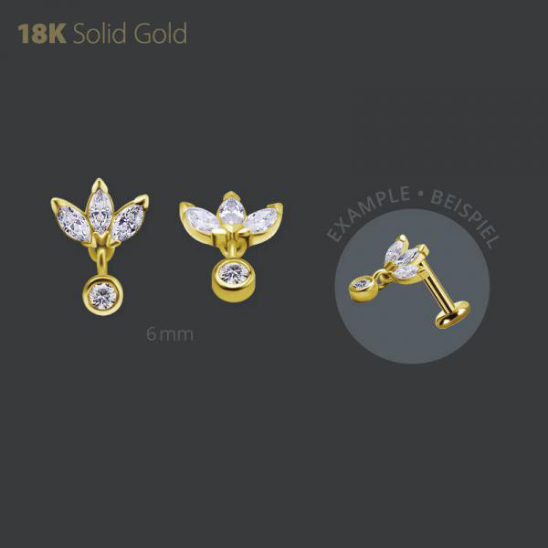 18K GOLD THREADLESS FAN ATTACHMENT W. DANGLE SET W. 3 MARQUISE PREMIUM ZIRCONIA