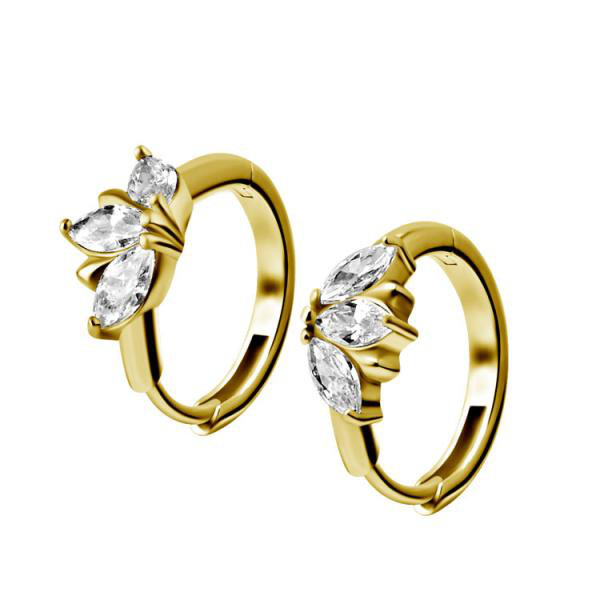 24K GOLD PVD SS316L EARHOOPS SET W. MARQUISE CUBIC ZIRCONIA (PAIR)