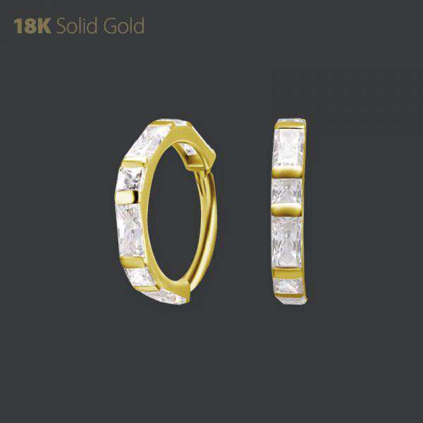 18K GOLD HINGED SEGMENT CLICKER SET WITH SQUARE AND BAGUETTE PREMIUM ZIRCONIA