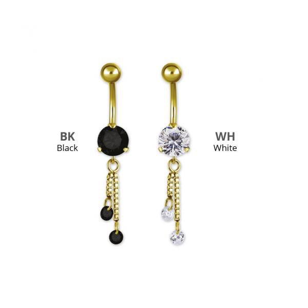 GOLD PVD SS316L MINI BELLY BANANA W. CHAIN FLOATING ZIRCONIA DANGLE