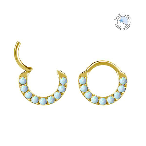 18K GOLD PVD CoCr NF FRONT FACING CLICKERS SET W. LAB CREATED OPAL