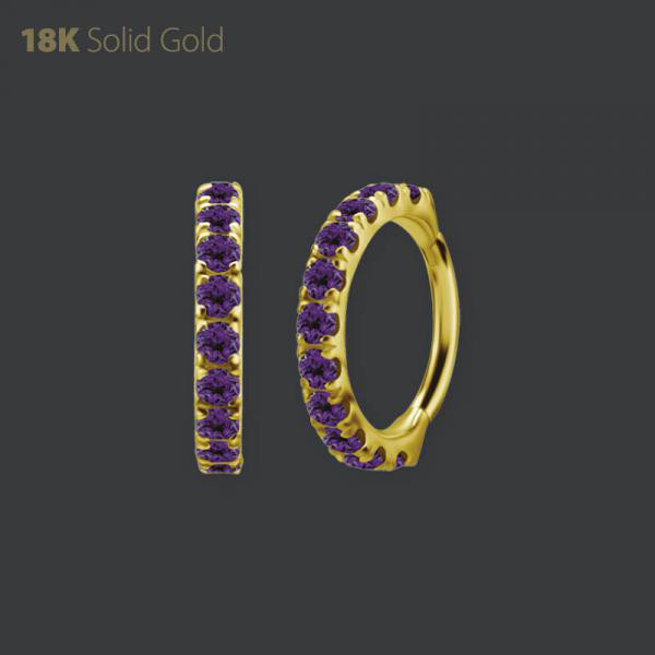 18K GOLD HINGED CLICKER SET W. GENUINE DARK AMETHYST