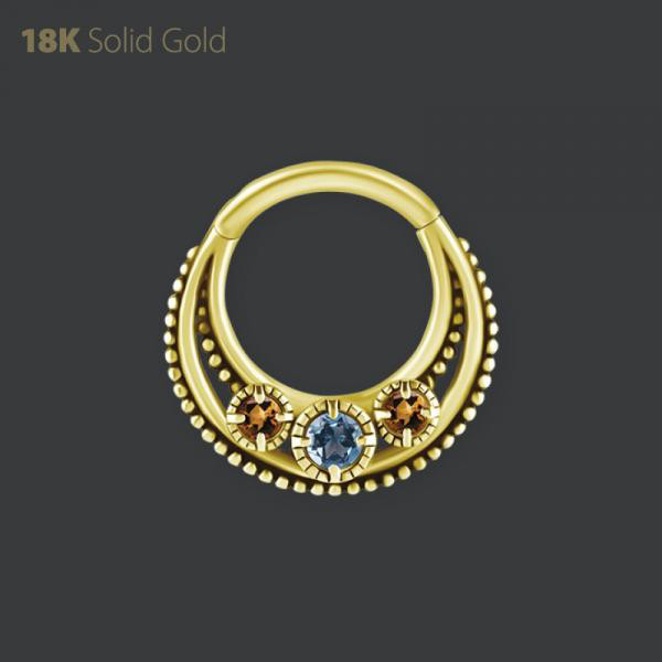 18K GOLD HINGED SEGMENT CLICKER SET W. GENUINE BLUE TOPAZ AND CITRINE