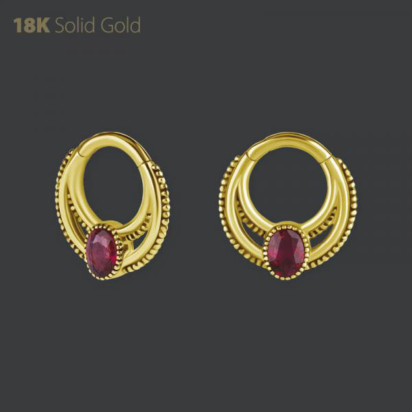 18K GOLD HINGED SEGMENT CLICKER SET W. GENUINE SONGEA SAPPHIRE
