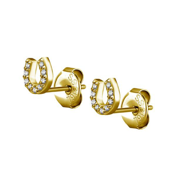 24K GOLD PVD SS316L HORSESHOE EAR STUDS SET W. CUBIC ZIRCONIA (PAIR)