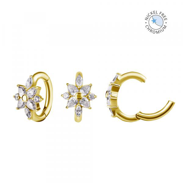 18K GOLD PVD CoCr NF OVAL 4 PETAL FLOWER BELLY CLICKER SET W.PREMIUM ZIRCONIA
