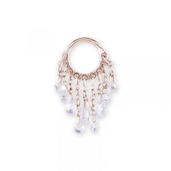 ROSE GOLD PVD SS316L HINGED RING WITH PEAR SHAPE AND ROUND STONE DANGLES