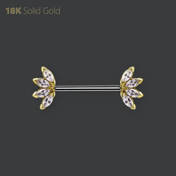 18K GOLD AND TITANIUM THREADLESS NIPPLE BARBEL SET WITH PREMIUM ZIRCONIA