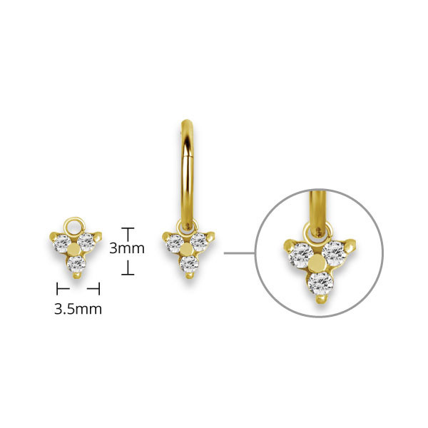 24K GOLD PVD SS316L TRINITY CHARM FOR HINGED SEGMENT RING SET W. CUBIC ZIRCONIA