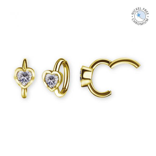 18K GOLD PVD CoCr NF OVAL BELLY CLICKER SET W.HEART CUBIC ZIRCONIA