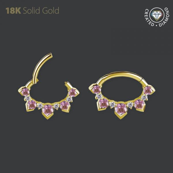 18K GOLD DAITH CLICKER SET W. LAB CREATED DIAMONDS AND GEN. PINK SAPPHIRE