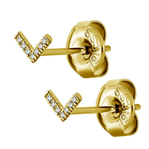 24K GOLD PVD SS316L EARSTUDS V SHAPE SET W.CUBIC ZIRCONIA (PAIR)