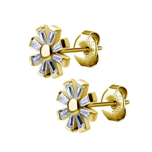 24K GOLD PVD SS316L FLOWER EAR STUDS SET W. TAPERED CUBIC ZIRCONIA (PAIR)