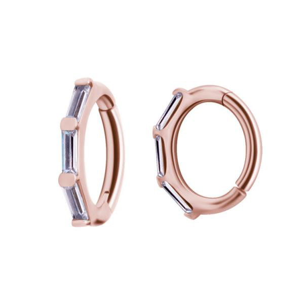 ROSE GOLD PVD SS316L ROOK OVAL HINGED CLICKERS SET W. CUBIC ZIRCONIA BAGUETTES