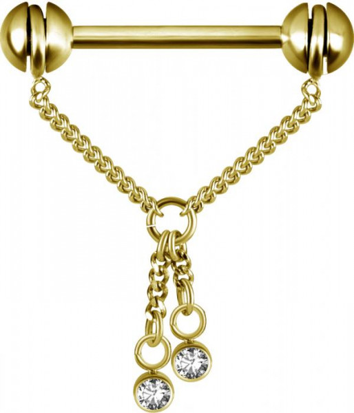 24K GOLD PVD SS316L FREE ROTATING NIPPLE CHAIN BARBELL W. PREMIUM CRYSTALS