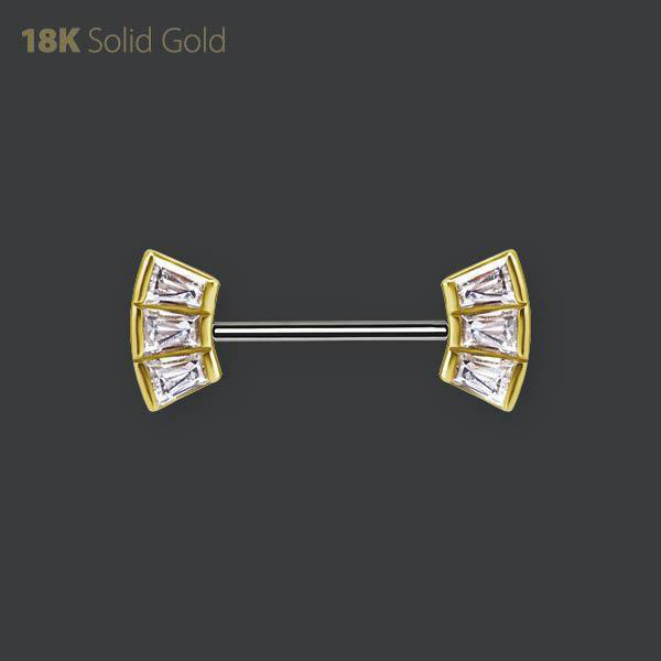 18K GOLD AND TITANIUM THREADLESS NIPPLE BARBEL SET WITH PREMIUM ZIRCONIA