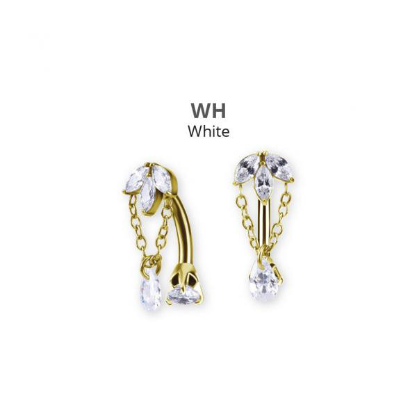 24K GOLD PVD SS316L BELLY BANANA SET W. DOUBLE JEWELED AND PEAR DROP DANGLES