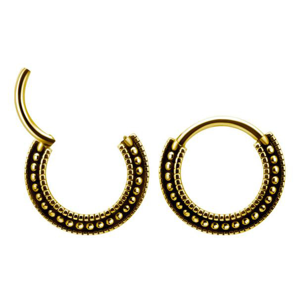 24K GOLD PVD SS316L TRIBAL CLICKER 3 ROWS SLANTED, OXIDIZED TEXTURE