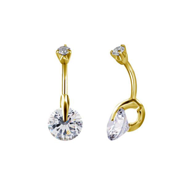 24K GOLD PVD SS316L DOUBLE JEWELLED BANANA W. SOLITAIRE ROUND SETTING CUBIC ZIRCONIA