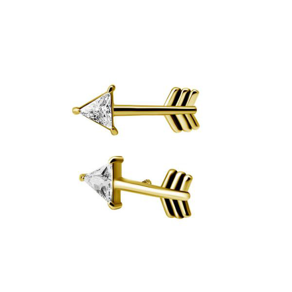 24K GOLD PVD SS316L MICRO ARROW ATTACHMENT SET W. TRIANGLE CUBIC ZIRCONIA