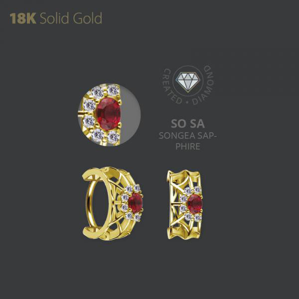 18K GOLD HINGED CLICKER SET W. GENUINE SONGEA SAPPHIRE AND LAB CREATED DIAMONDS