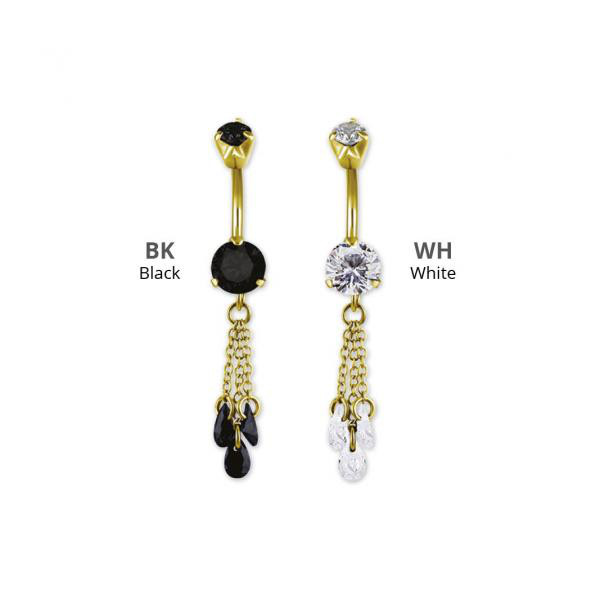 GOLD PVD SS316L DJ MINI BELLY BANANA W. CHAIN FLOATING ZIRCONIA DANGLE
