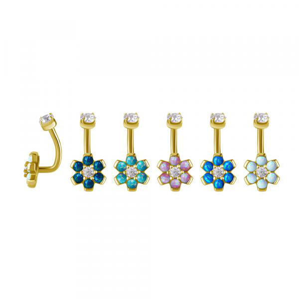 24K GOLD PVD SS316L INTERNAL ROOK BANANA SET W.LAB CREATED OPAL W.PREMIUM ZIRCONIA TOP BALL 3MM