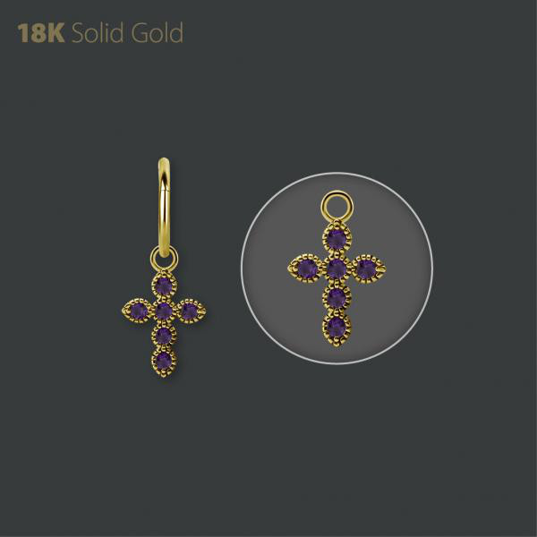 18K GOLD CROSS CHARM SET WITH GENUINE DARK AMETHYST