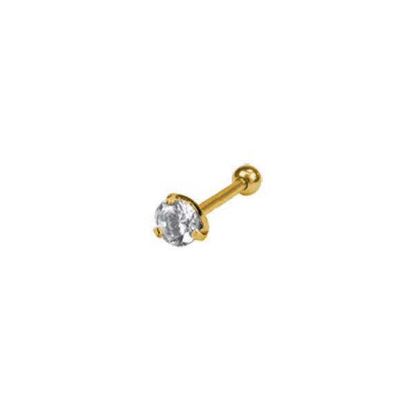 24K GOLD PVD SS316L TRAGUS BARBELL W. ROUND CUBIC ZIRCONIA (PRONG SET)