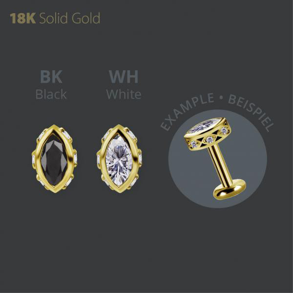 18K GOLD THREADLESS ATTACHMENT SET W. MARQUISE SHAPE PREMIUM ZIRCONIA