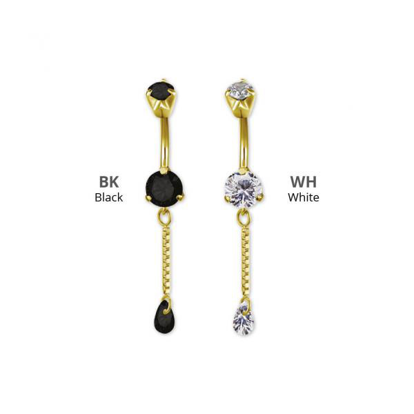 GOLD PVD SS316L DJ MINI BELLY BANANA W. CHAIN ZIRCONIA DROP DANGLE