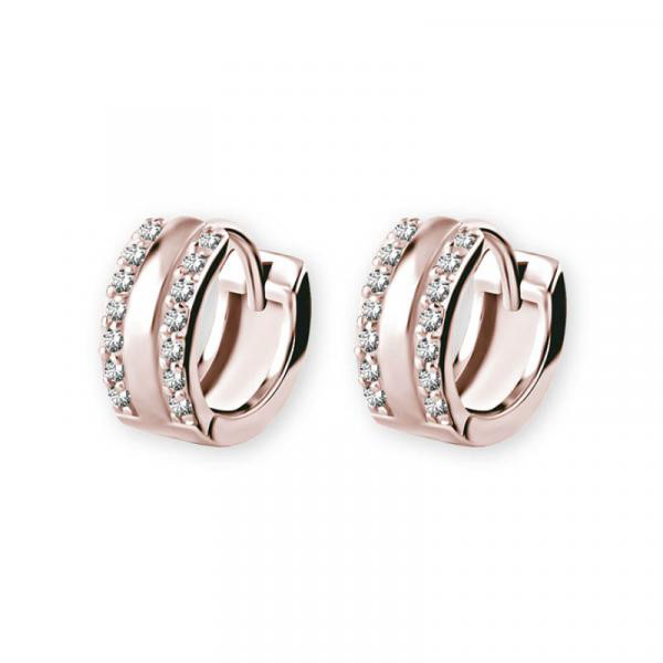 ROSE GOLD PVD HUGGIES HOOPS (10MM) W. 2 ROWS PAVE SET CUBIC ZIRCONIA (PAIR)