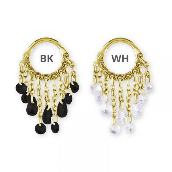 24K GOLD PVD SS316L HINGED RING WITH PEAR SHAPE AND ROUND STONE DANGLES