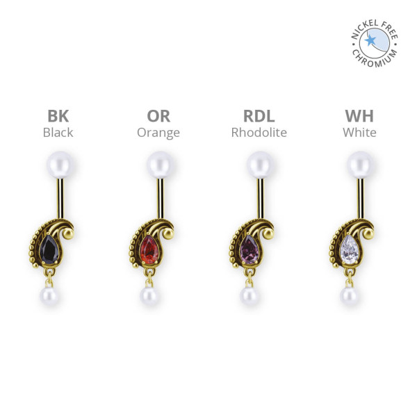 18K GOLD PVD CoCr TITANIUM INTERNAL VERTICAL HELIX SET W. PREMIUM ZIRCONIA & FRESH WATER PEARL BALL