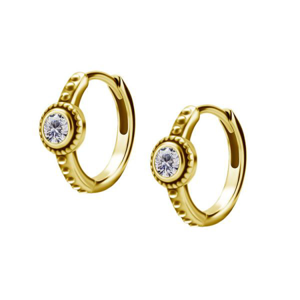 24K GOLD PVD SS316L EARHOOPS SET W. ROSE CUT CUBIC ZIRCONIA (PAIR)