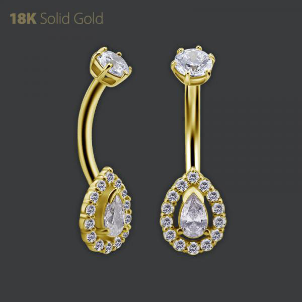 18K GOLD INTERNAL NAVEL BANANA SET W. PEAR SHAPE PREMIUM ZIRCONIA