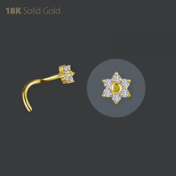 18K GOLD FLOWER NOSESTUD SET W. LAB CREATED DIAMONDS